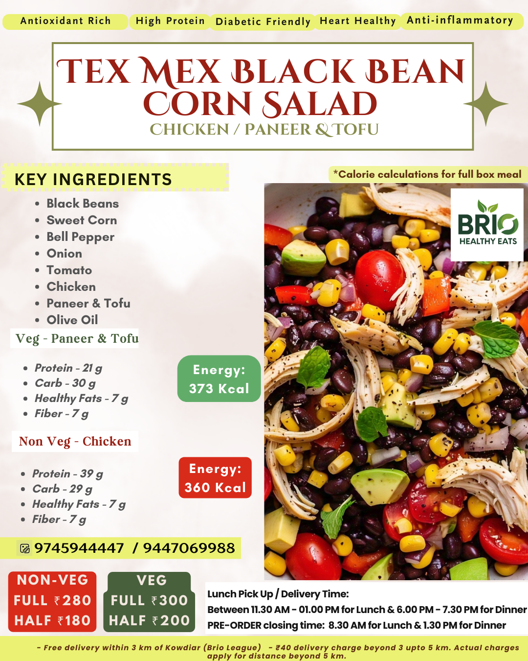 Tex Mex Black Bean Corn Salad - Chicken/Paneer & Tofu